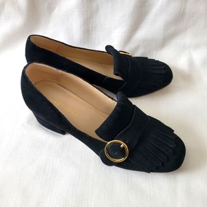 Mark Fisher Black Suede Block Heel & Fringe Loafer size 6